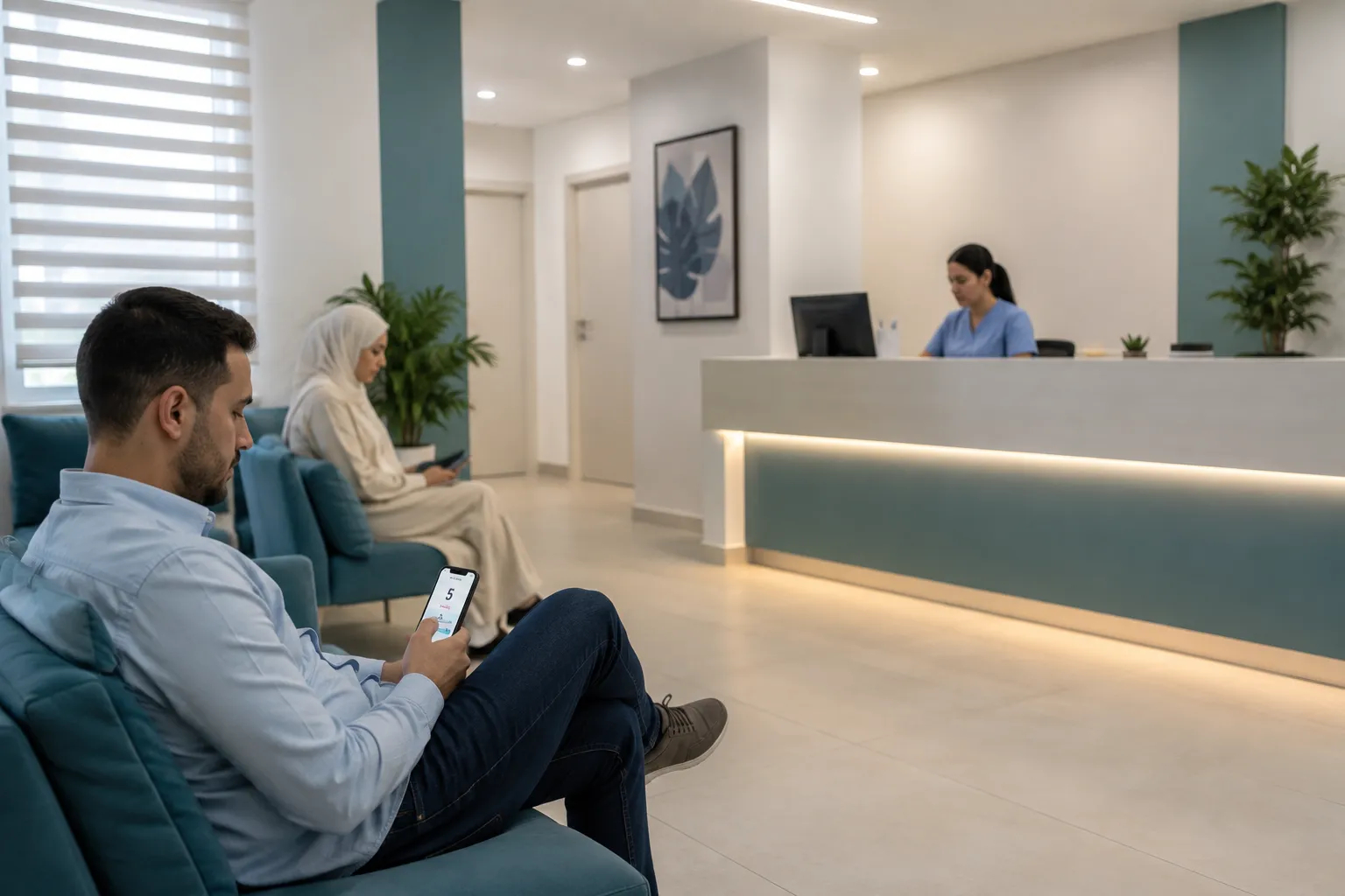 Patient consultant sereinement sa position dans la file d'attente sur son smartphone