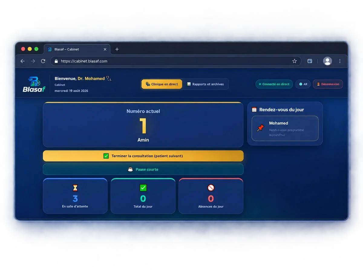 Interface médecin Blasaf pour la gestion de la consultation en cours