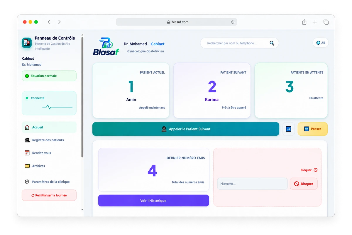 Tableau de bord du secrétariat pour la gestion de la file d'attente au cabinet médical